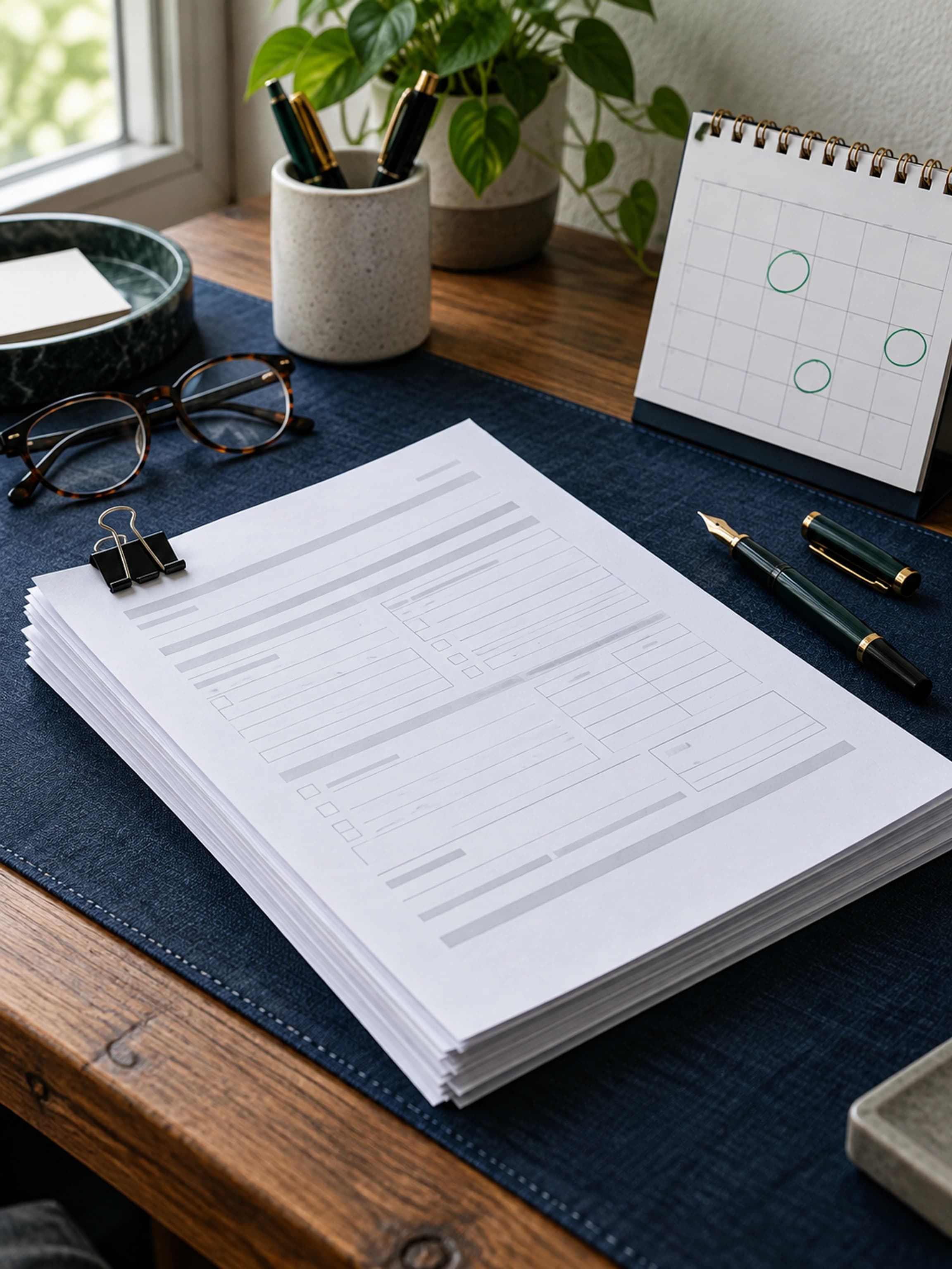 Blank forms, a fountain pen and a desk calendar with circled dates on a navy desk mat