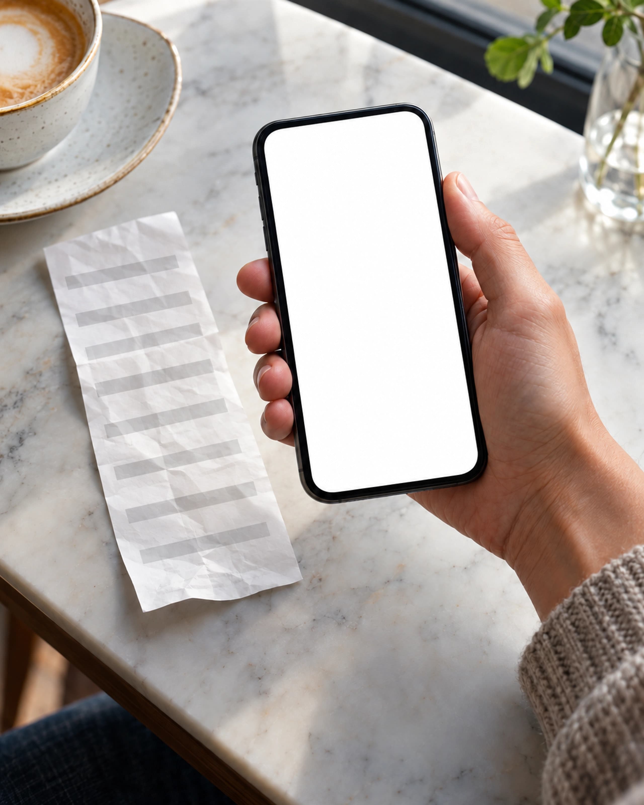 A hand photographing a paper receipt with a phone on a café table