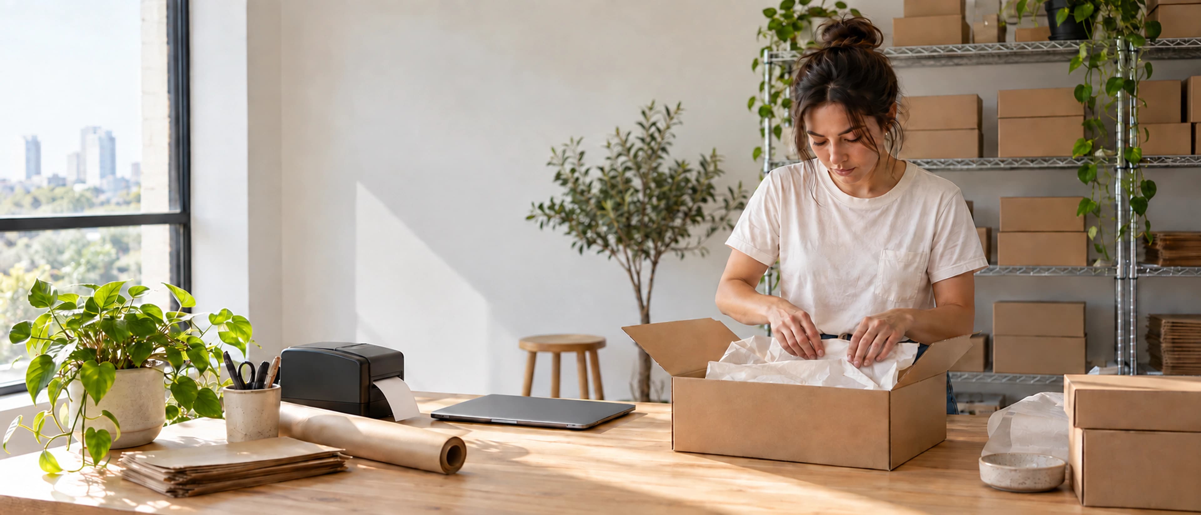 Online store owner packing a customer order in her home studio