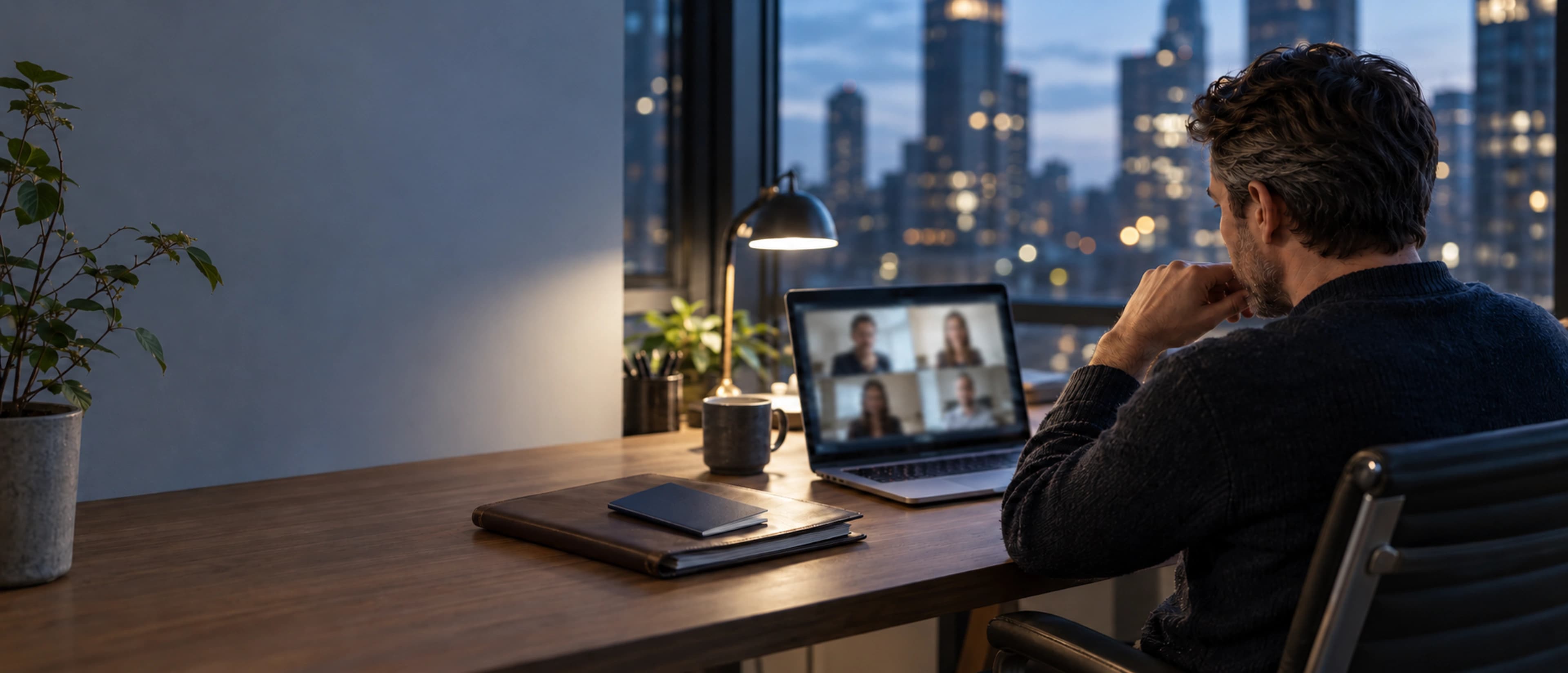 Business owner on a video call in a home office at dusk