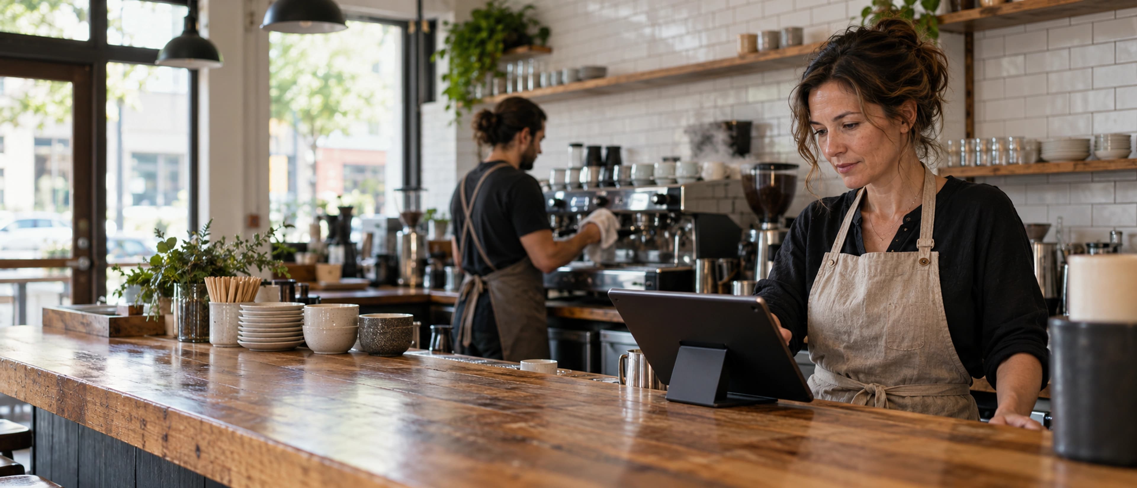 Café owner reviewing a tablet before opening