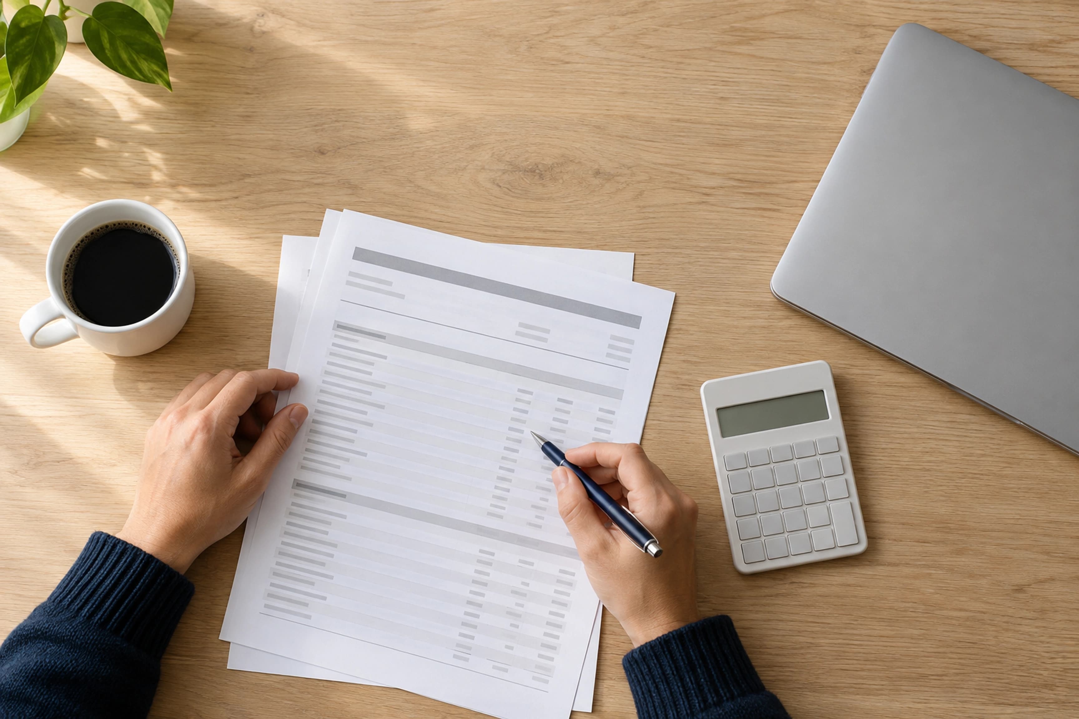 Hands reviewing a statement beside a calculator and closed laptop on an oak desk